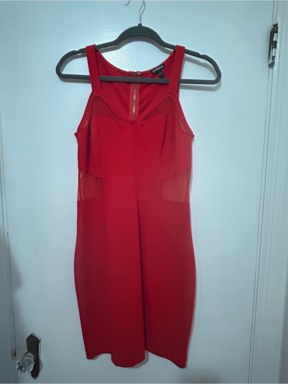 Express Red Sleeveless Midi Dress with Mesh Insets